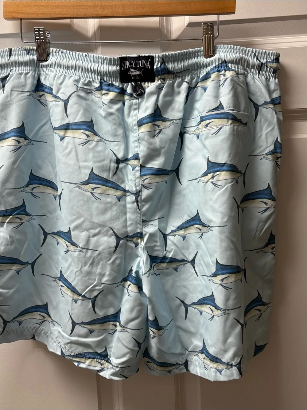 Men's Spicy Tuna Light Blue Marlin Print Swim Trunks